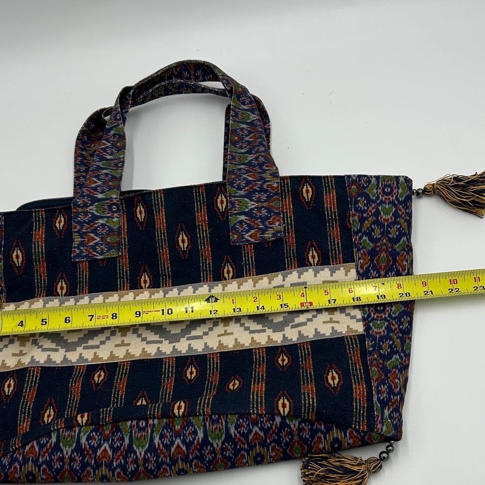 Free People Basel Tassel Tote Bag Boho Chic Tote Bag Navy Blue Canvas Hippie - Picture 2 of 14